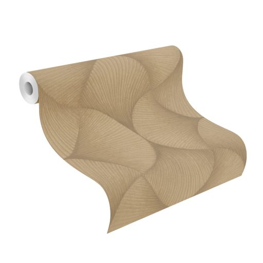 Legyezőre hasonlító grafikus elemek lendületes 3D mintája aranybarna és arany tónus fémes hatás tapéta