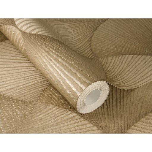 Legyezőre hasonlító grafikus elemek lendületes 3D mintája aranybarna és arany tónus fémes hatás tapéta