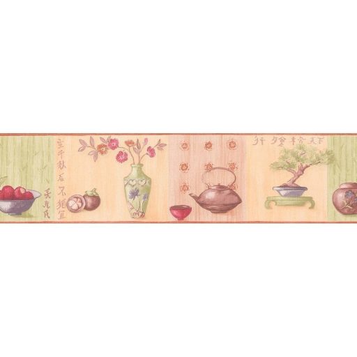 Klasszikus konyhai motívumok keleties hangulatú krém bézs barack és zöld tónus bordűr