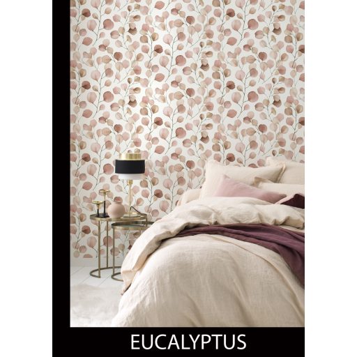 Könnyed és légies eukaliptuszlevelek terülnek szét a falon krémfehér korall és vörös tónus tapéta