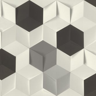  Háromdimenziós hatású geometrikus minta fehér fekete pasztellszürke tapéta