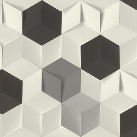 Háromdimenziós hatású geometrikus minta fehér fekete pasztellszürke tapéta