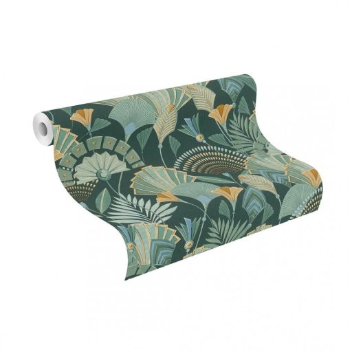 Rasch Denzo II 635690 Etno Ó-egyiptomi stílusú minta stilizált legyezők levelek zöld árnyalatok barna kék okker tapéta