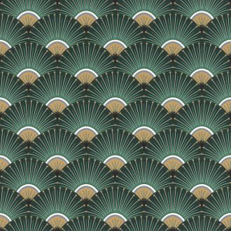   Rasch Sansa/Maya 637618 Art Deco legyezőformájú minta zöld sötétzöld fehér fekete kék fémes arany tapéta