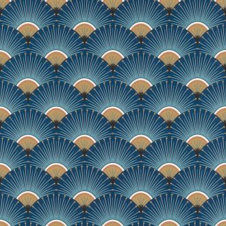   Extravagáns művészi Art Deco minta világoskék kék fehér barna fekete fényes arany tapéta