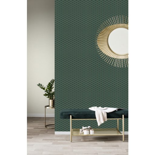Rasch Sansa/Maya 637915  Art Deco sűrű apró legyezőformájú minta zöld sötétzöld lila fémes arany tapéta
