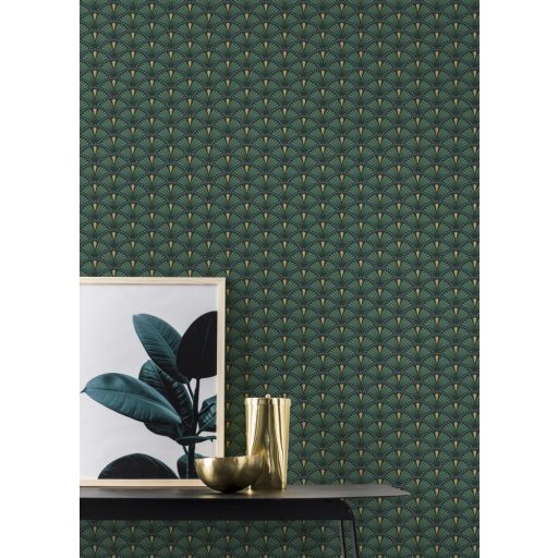 Rasch Sansa/Maya 637915  Art Deco sűrű apró legyezőformájú minta zöld sötétzöld lila fémes arany tapéta