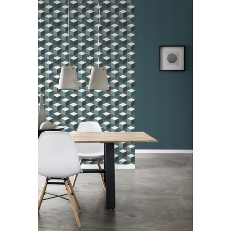 Geometrikus 3D kockák oszlopba rendezve fehér zöld sötétzöld petrol sötétszürke tapéta