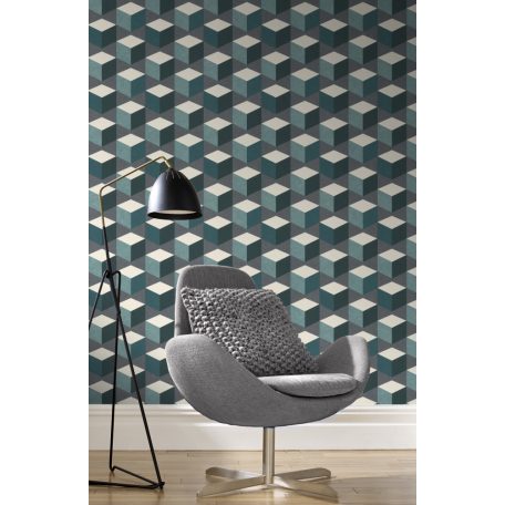 Geometrikus 3D kockák oszlopba rendezve fehér zöld sötétzöld petrol sötétszürke tapéta