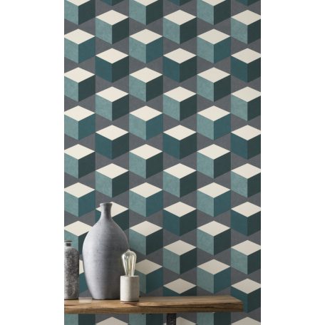 Geometrikus 3D kockák oszlopba rendezve fehér zöld sötétzöld petrol sötétszürke tapéta