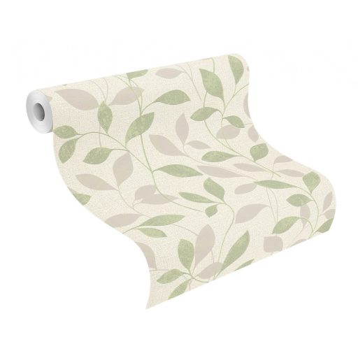 Rasch Andy Wand 639834 Natur Kecses levélmintázat krémfehér bársonyos mészzöld csillogó gyöngyház finom fény tapéta