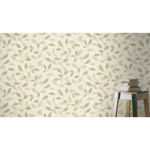 Rasch Andy Wand 639834 Natur Kecses levélmintázat krémfehér bársonyos mészzöld csillogó gyöngyház finom fény tapéta