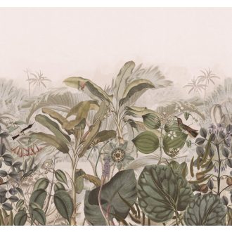   Mozgalmas trópusi életkép egzotikus madarakkal szürke zöld szines visszafogott szinezés falpanel