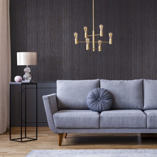 Csíkos mintázatú domborított felületű minta fémes kiemelésekkel óceánkék antracit lila és roségold/bronz tónus tapéta