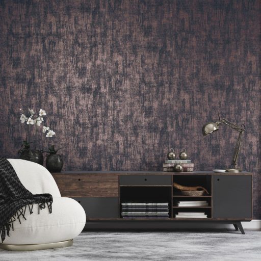 Kézzelfogható és vizuális élmény! Dombornyomott minta speciális csillogó hatással óceánkék lila és roségold/bronz tónus tapéta