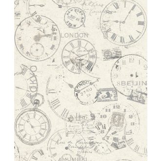   Rasch Andy Wand 649208 Vintage Etno órák bélyegek képeslapok törtfehér szürke lakkfényű ezüst tapéta