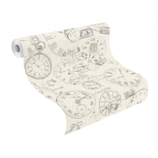 Rasch Andy Wand 649208 Vintage Etno órák bélyegek képeslapok törtfehér szürke lakkfényű ezüst tapéta