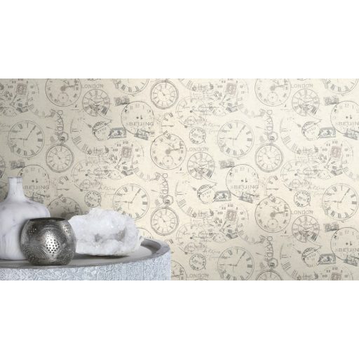 Rasch Andy Wand 649208 Vintage Etno órák bélyegek képeslapok törtfehér szürke lakkfényű ezüst tapéta