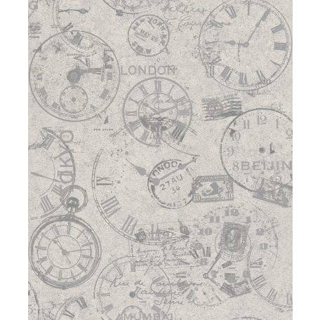 Rasch Andy Wand 649239 Vintage Etno órák bélyegek képeslapok világosszürke szürke lakkfényű ezüst tapéta
