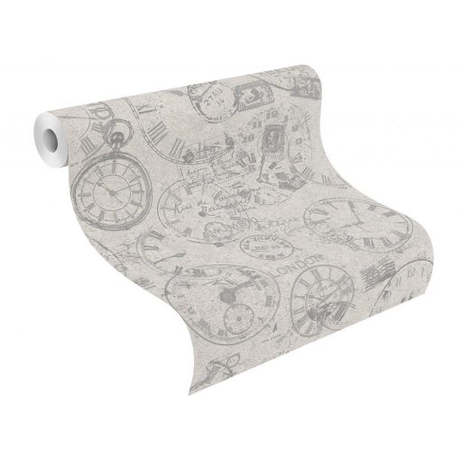 Rasch Andy Wand 649239 Vintage Etno órák bélyegek képeslapok világosszürke szürke lakkfényű ezüst tapéta