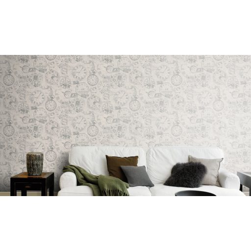 Rasch Andy Wand 649239 Vintage Etno órák bélyegek képeslapok világosszürke szürke lakkfényű ezüst tapéta