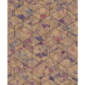   Rasch Andy Wand 649611 Geometrikus grafikus 3D hatszögek kombinációja betonhatású alapon fémes arany éjkék lila tapéta