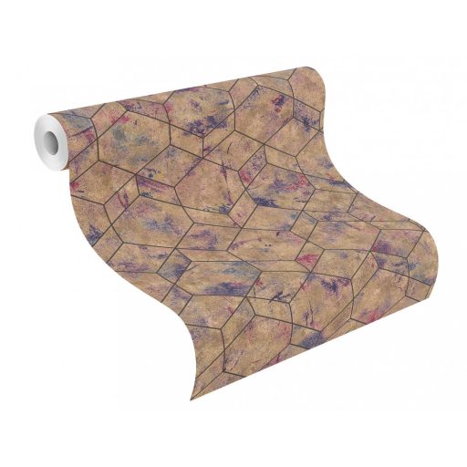 Rasch Andy Wand 649611 Geometrikus grafikus 3D hatszögek kombinációja betonhatású alapon fémes arany éjkék lila tapéta