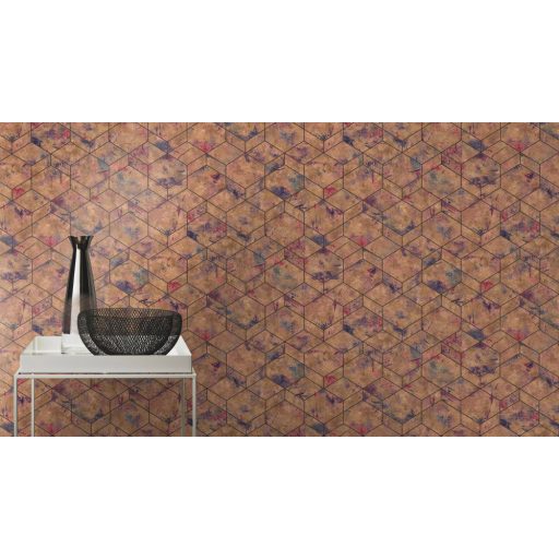 Rasch Andy Wand 649611 Geometrikus grafikus 3D hatszögek kombinációja betonhatású alapon fémes arany éjkék lila tapéta