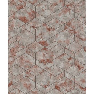   Rasch Andy Wand 649628 Geometrikus grafikus 3D hatszögek kombinációja betonhatású alapon fémes ezüst szürke rozsdavörös tapéta