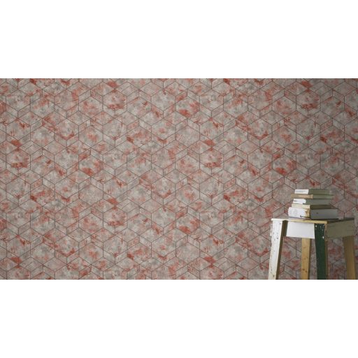 Rasch Andy Wand 649628 Geometrikus grafikus 3D hatszögek kombinációja betonhatású alapon fémes ezüst szürke rozsdavörös tapéta