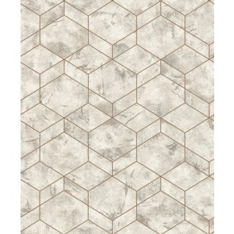   Rasch Andy Wand 649642 Geometrikus grafikus 3D hatszögek kombinációja betonhatású alapon fémes gyöngyház világosszürke szürkésbarna tapéta