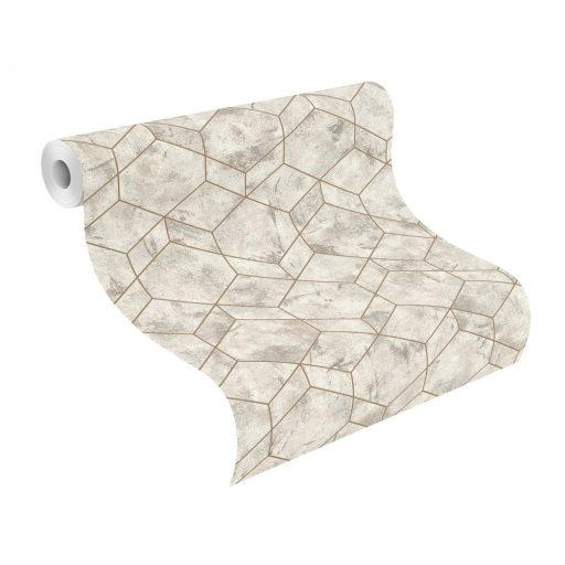 Rasch Andy Wand 649642 Geometrikus grafikus 3D hatszögek kombinációja betonhatású alapon fémes gyöngyház világosszürke szürkésbarna tapéta