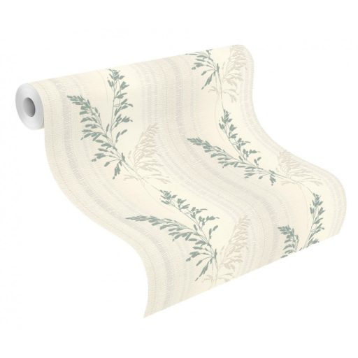 Változatos csíkos háttéren zsenge hajtások levélmintázat törtfehér szürkésbézs fényes zöld tapéta