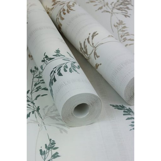 Változatos csíkos háttéren zsenge hajtások levélmintázat törtfehér szürkésbézs fényes zöld tapéta