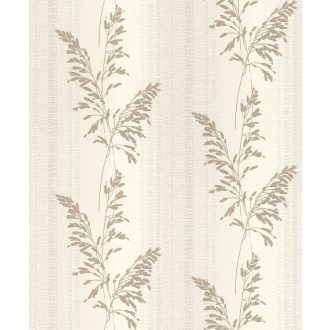   Változatos csíkos háttéren zsenge hajtások levélmintázat törtfehér világosszürke fényes bézs tapéta
