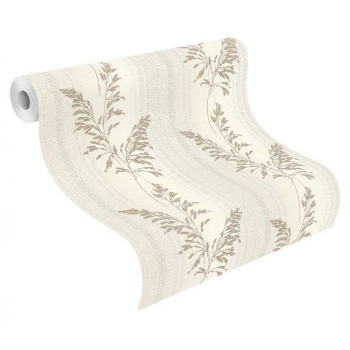 Változatos csíkos háttéren zsenge hajtások levélmintázat törtfehér világosszürke fényes bézs tapéta