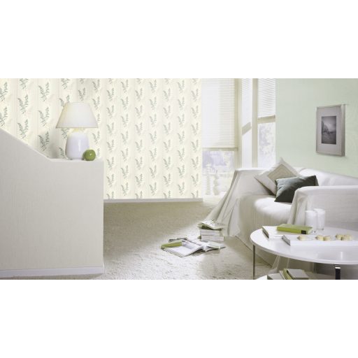 Mediterrán zöld tónusú textilminta fémes ezüst kiemelés tapéta