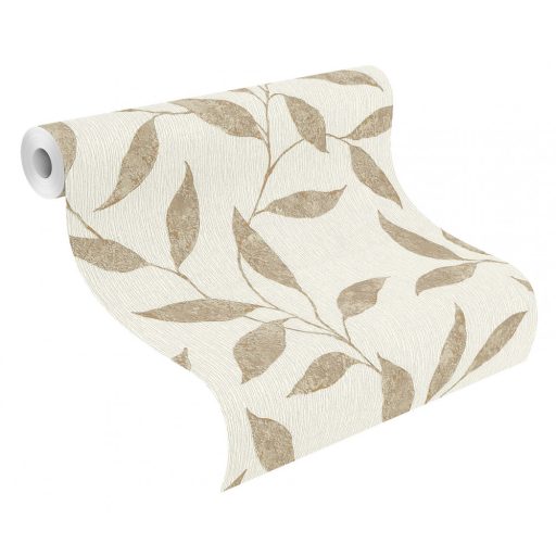 Könnyed szellősen kúszó levelek mintázata törtfehér barna rézszín fémes kiemelés tapéta