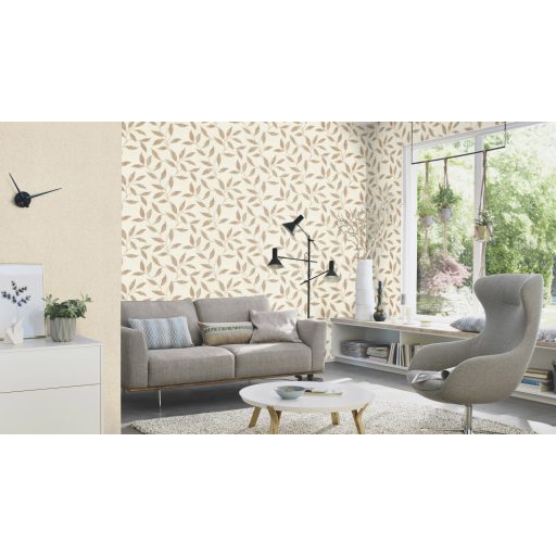 Könnyed szellősen kúszó levelek mintázata törtfehér barna rézszín fémes kiemelés tapéta