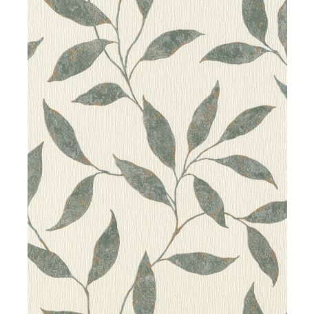 Könnyed szellősen kúszó levelek mintázata törtfehér zöld rézszín fémes kiemelés tapéta