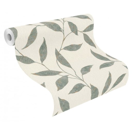 Könnyed szellősen kúszó levelek mintázata törtfehér zöld rézszín fémes kiemelés tapéta