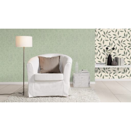 Könnyed szellősen kúszó levelek mintázata törtfehér zöld rézszín fémes kiemelés tapéta