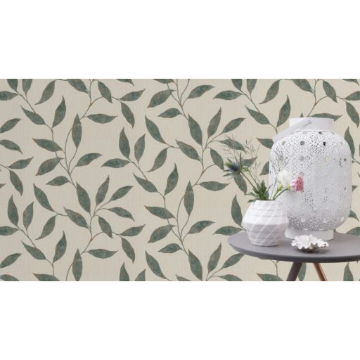 Könnyed szellősen kúszó levelek mintázata törtfehér zöld rézszín fémes kiemelés tapéta