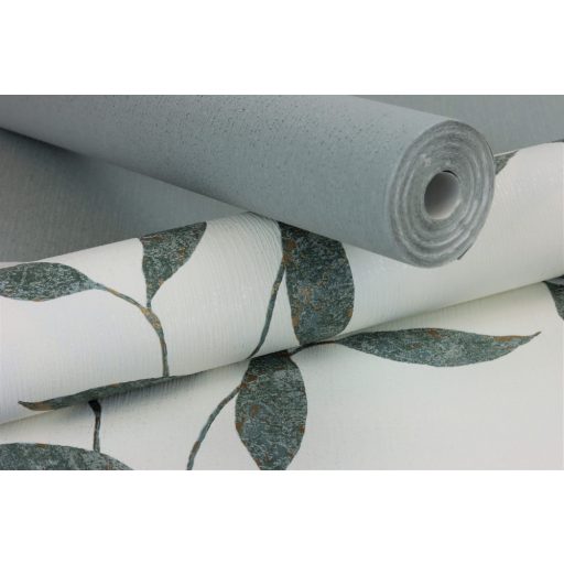 Könnyed szellősen kúszó levelek mintázata törtfehér zöld rézszín fémes kiemelés tapéta