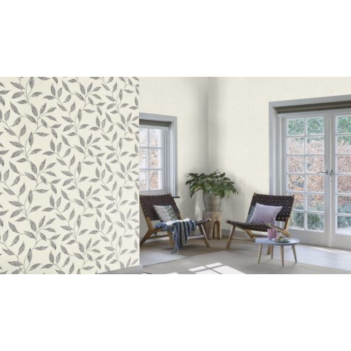 Könnyed szellősen kúszó levelek mintázata törthehér szürke sötétszürke ezüst fémes kiemelés tapéta