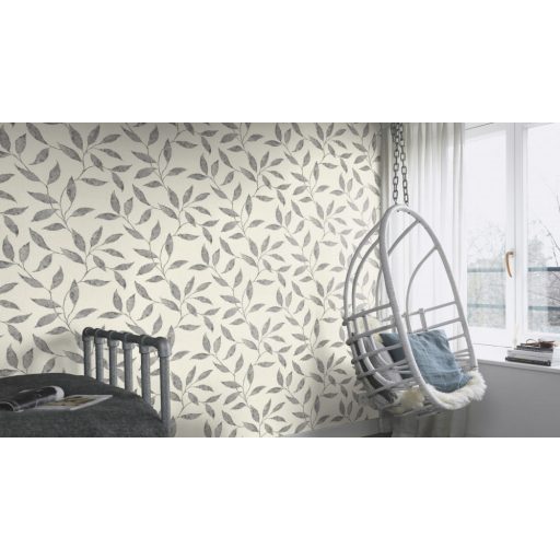 Könnyed szellősen kúszó levelek mintázata törthehér szürke sötétszürke ezüst fémes kiemelés tapéta