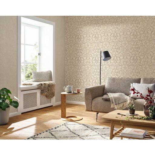 Vintage romantikus művészi indamotívum 3D törtfehér szürke tónusok ezüst kiemelés tapéta