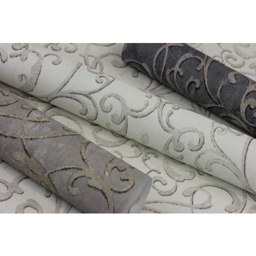 Vintage romantikus művészi indamotívum 3D törtfehér szürke tónusok ezüst kiemelés tapéta