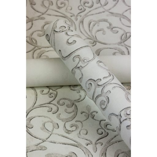 Vintage romantikus művészi indamotívum 3D törtfehér szürke tónusok ezüst kiemelés tapéta