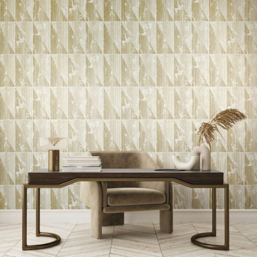 Váltakozó háromszögek kopottas megjelenésben meg-megszakadó vonalakkal krém bézs és csillogó fémes arany tapéta